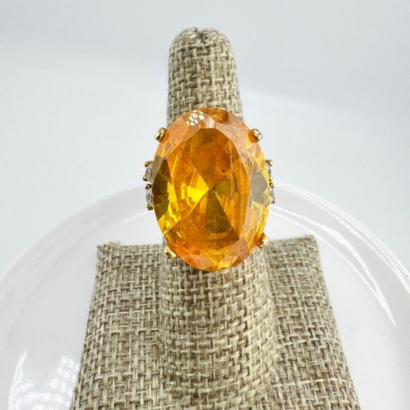 Oversized Citrine Tone Oval Statement Cocktail Ring Vintage Gold Tone Glamour - Picture 7 of 11